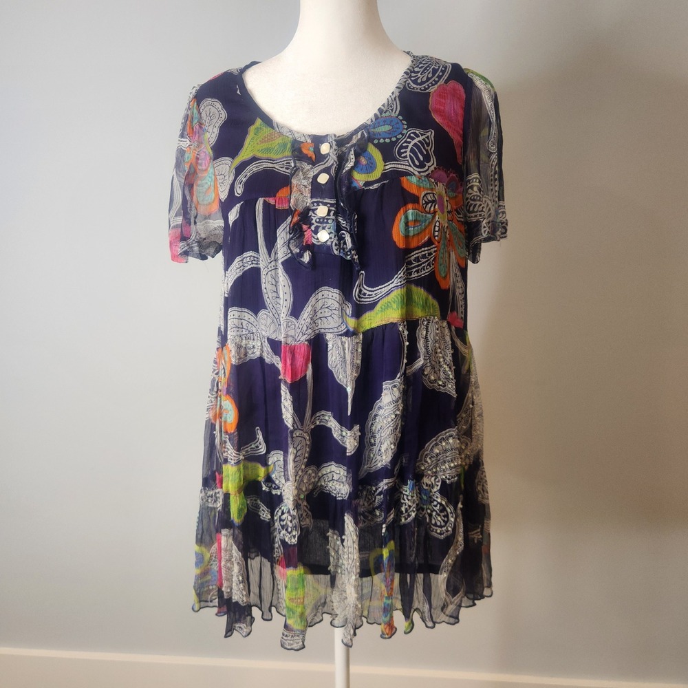 Temptation Babydoll Tunic Women Navy Floral Paisley Sequin Boho Top Medium